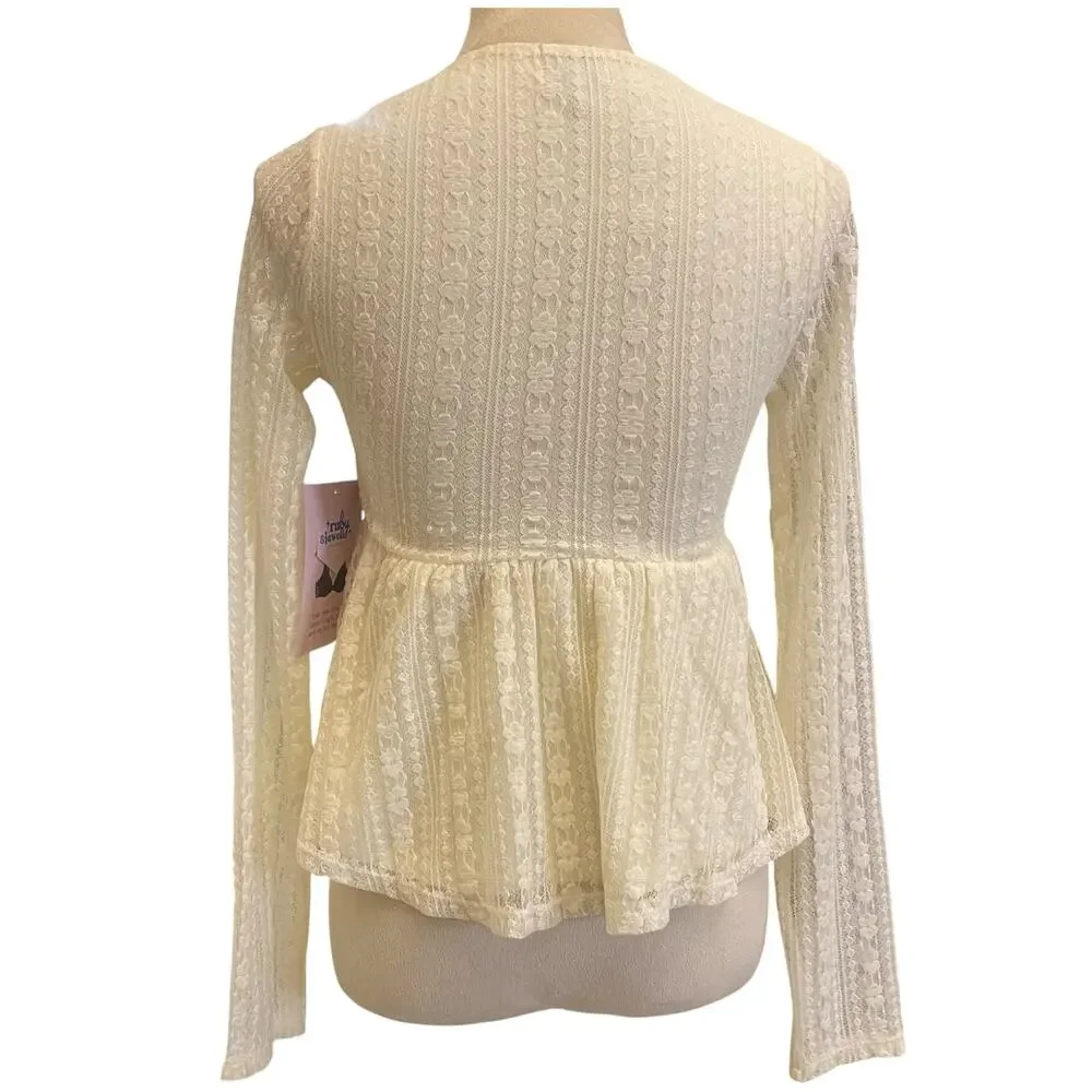 NWT Women's Ruby & Jewell Long Sleeve Lace Top Size Small Low V-Neck Cream